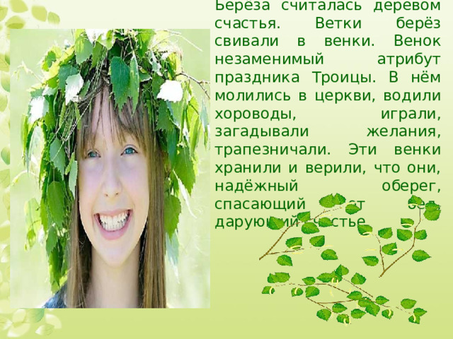 Берёза считалась деревом счастья. Ветки берёз свивали в венки. Венок незаменимый атрибут праздника Троицы. В нём молились в церкви, водили хороводы, играли, загадывали желания, трапезничали. Эти венки хранили и верили, что они, надёжный оберег, спасающий от бед, дарующий счастье. 