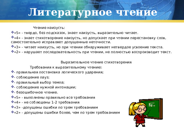 Литературное чтение  Чтение наизусть: «5» - твердо, без подсказок, знает наизусть, выразительно читает. «4» - знает стихотворение наизусть, но допускает при чтении перестановку слов, самостоятельно исправляет допущенные неточности. «3» - читает наизусть, но при чтении обнаруживает нетвердое усвоение текста. «2» - нарушает последовательность при чтении, не полностью воспроизводит текст.    Выразительное чтение стихотворения  Требования к выразительному чтению: - правильная постановка логического ударения; - соблюдение пауз; - правильный выбор темпа; - соблюдение нужной интонации; - безошибочное чтение. «5» - выполнены правильно все требования «4» - не соблюдены 1-2 требования «3» -допущены ошибки по трем требованиям «2» - допущены ошибки более, чем по трем требованиям   