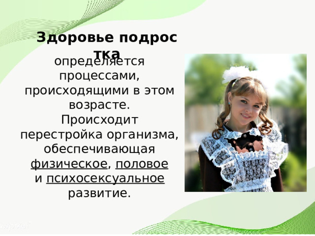 Здоровье подростка определяется процессами, происходящими в этом возрасте. Происходит перестройка организма, обеспечивающая физическое , половое и  психосексуальное развитие. 