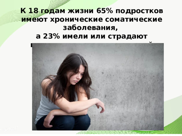 К 18 годам жизни 65% подростков имеют хронические соматические заболевания, а 23% имели или страдают патологиями репродуктивной системы 