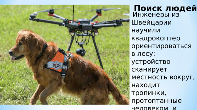 Поиск людей  Инженеры из Швейцарии научили квадрокоптер ориентироваться в лесу: устройство сканирует местность вокруг, находит тропинки, протоптанные человеком, и летит над ними на высоте около двух метров. 