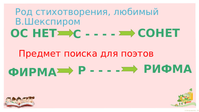 Род стихотворения, любимый В.Шекспиром СОНЕТ ОС НЕТ С - - - - Предмет поиска для поэтов РИФМА Р - - - - ФИРМА 