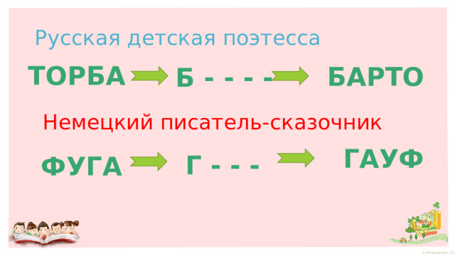 Русская детская поэтесса ТОРБА БАРТО Б - - - - Немецкий писатель-сказочник ГАУФ Г - - - ФУГА 