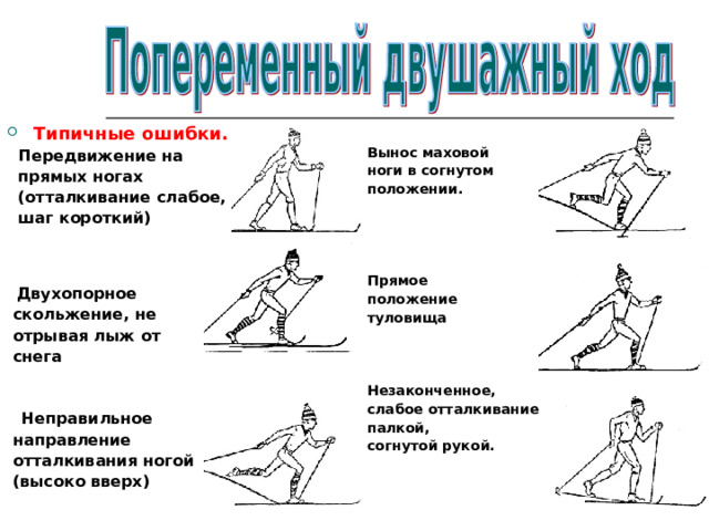 Типичные ошибки.  Передвижение на  прямых ногах  (отталкивание слабое,  шаг короткий)     Двухопорное  скольжение, не  отрывая лыж от  снега    Неправильное  направление  отталкивания ногой  (высоко вверх) Вынос маховой ноги в согнутом положении.     Прямое положение туловища    Незаконченное, слабое отталкивание палкой, согнутой рукой.  