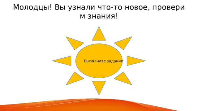 Молодцы! Вы узнали что-то новое, проверим знания! Выполните задание 