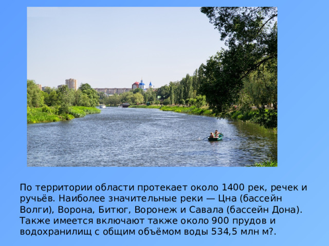 По территории области протекает около 1400 рек, речек и ручьёв. Наиболее значительные реки — Цна (бассейн Волги), Ворона, Битюг, Воронеж и Савала (бассейн Дона). Также имеется включают также около 900 прудов и водохранилищ с общим объёмом воды 534,5 млн м?. 