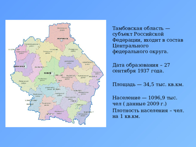 Тамбовская область — субъект Российской Федерации, входит в состав Центрального федерального округа.   Дата образования – 27 сентября 1937 года.   Площадь — 34,5 тыс. кв.км.   Население — 1096,9 тыс. чел ( данные 2009 г.) Плотность населения – чел. на 1 кв.км.   
