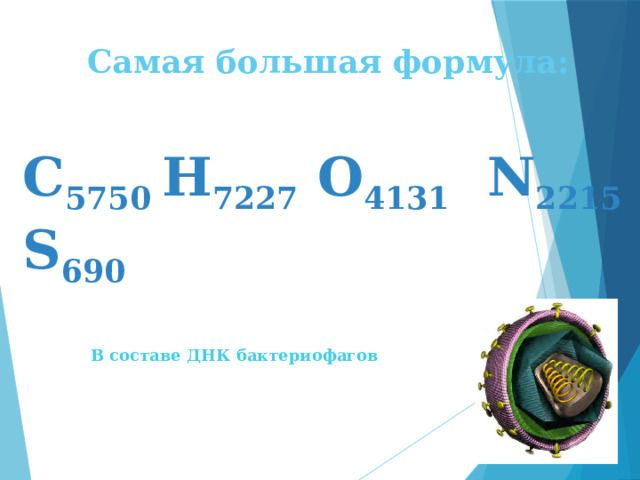 Самая большая формула: C 5750 H 7227 О 4131 N 2215 S 690 (19913 атомов!) В составе ДНК бактериофагов 