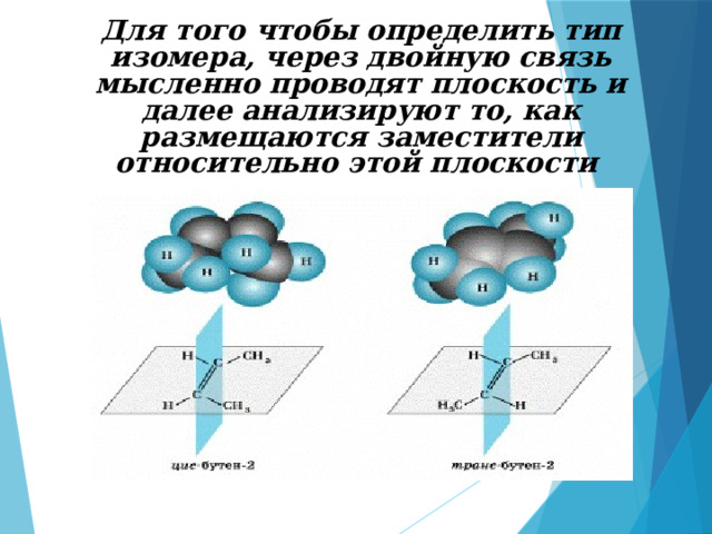 Для того чтобы определить тип изомера, через двойную связь мысленно проводят плоскость и далее анализируют то, как размещаются заместители относительно этой плоскости  