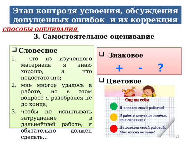 Этап контроля усвоения, обсуждения допущенных ошибок и их коррекция  СПОСОБЫ ОЦЕНИВАНИЯ 3. Самостоятельное оценивание Словесное  что из изученного материала я знаю хорошо, а что недостаточно; мне многое удалось в работе, но в этом вопросе я разобрался не до конца; чтобы не испытывать затруднение в дальнейшей работе, я обязательно должен сделать…     Знаковое + - ? Цветовое  