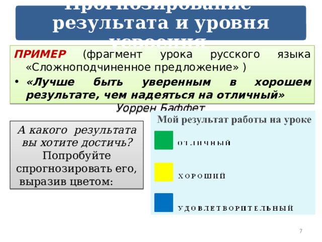 Прогнозирование  результата и уровня усвоения ПРИМЕР (фрагмент урока русского языка «Сложноподчиненное предложение» ) «Лучше быть уверенным в хорошем результате, чем надеяться на отличный» Уоррен Баффет А какого результата вы хотите достичь? Попробуйте спрогнозировать его, выразив цветом: 7 