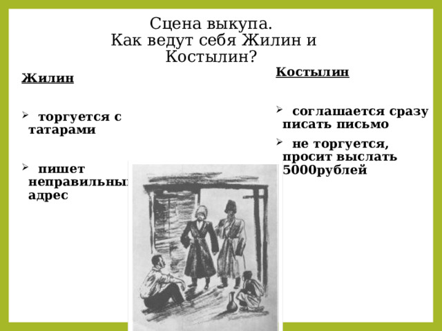 Сцена выкупа.  Как ведут себя Жилин и Костылин? Костылин  соглашается сразу писать письмо  не торгуется, просит выслать 5000рублей Жилин  торгуется с татарами   пишет неправильный адрес 