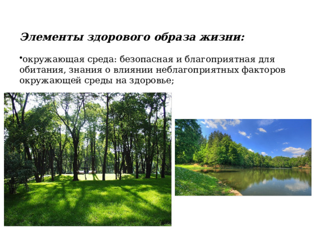Элементы здорового образа жизни: окружающая среда: безопасная и благоприятная для обитания, знания о влиянии неблагоприятных факторов окружающей среды на здоровье; 