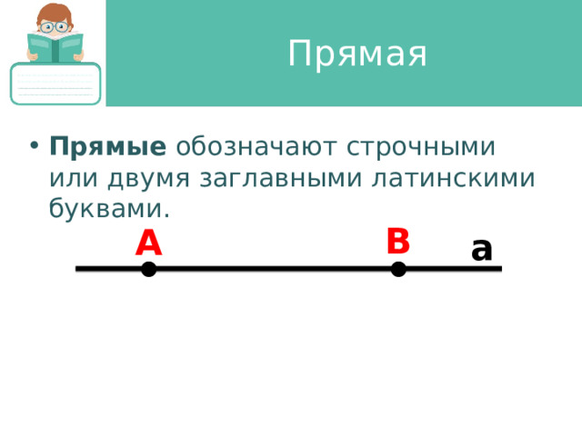 Прямая Прямые обозначают строчными или двумя заглавными латинскими буквами. B A a 
