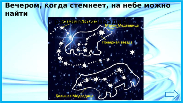 Вечером, когда стемнеет, на небе можно найти разные созвездия. 