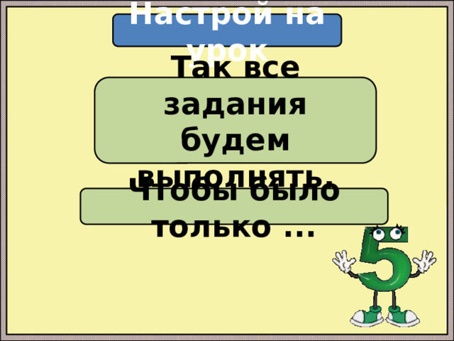 Настрой на урок Так все задания будем выполнять, Чтобы было только ... 