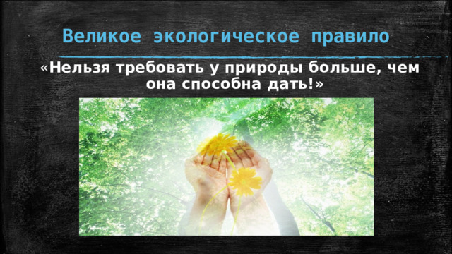 Великое экологическое правило « Нельзя требовать у природы больше, чем она способна дать!» 