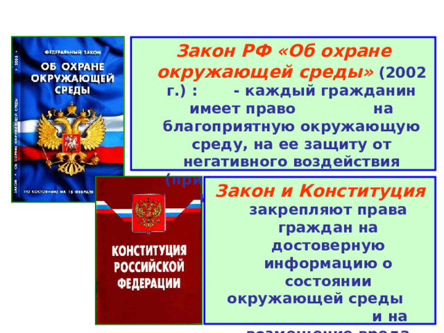 Закон РФ «Об охране окружающей среды» (2002 г.) : - каждый гражданин имеет право на благоприятную окружающую среду, на ее защиту от негативного воздействия (природного или антропогенного). Закон и Конституция закрепляют права граждан на достоверную информацию о состоянии окружающей среды и на возмещение вреда окружающей среде. 