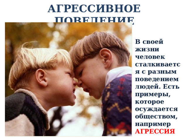 АГРЕССИВНОЕ ПОВЕДЕНИЕ В своей жизни человек сталкивается с разным поведением людей. Есть примеры, которое осуждается обществом, например АГРЕССИЯ 