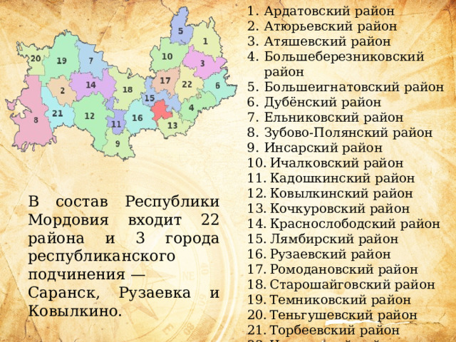 Ардатовский район Атюрьевский район Атяшевский район Большеберезниковский район Большеигнатовский район Дубёнский район Ельниковский район Зубово-Полянский район Инсарский район Ичалковский район Кадошкинский район Ковылкинский район Кочкуровский район Краснослободский район Лямбирский район Рузаевский район Ромодановский район Старошайговский район Темниковский район Теньгушевский район Торбеевский район Чамзинский район В состав Республики Мордовия входит 22 района и 3 города республиканского подчинения — Саранск, Рузаевка и Ковылкино. 