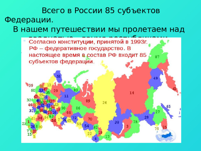  Всего в России 85 субъектов Федерации. В нашем путешествии мы пролетаем над двадцатью двумя республиками, входящими в состав России. 