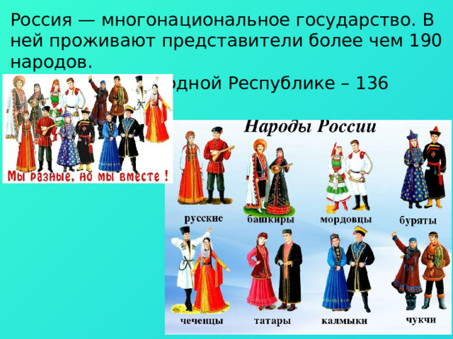 Россия — многонациональное государство. В ней проживают представители более чем 190 народов.  В Донецкой Народной Республике – 136 народов. 