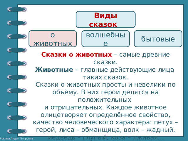 Виды сказок  о животных волшебные бытовые Сказки о животных – самые древние сказки. Животные – главные действующие лица таких сказок. Сказки о животных просты и невелики по объёму. В них герои делятся на положительных и отрицательных. Каждое животное олицетворяет определённое свойство, качество человеческого характера: петух – герой, лиса – обманщица, волк – жадный, медведь – глупый, коза – лживая… Сказки о животных всегда чему-нибудь учат.  
