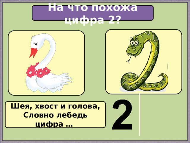 На что похожа цифра 2?   Шея, хвост и голова,  Словно лебедь цифра …  