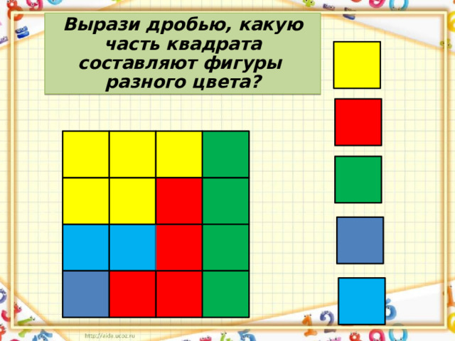 Вырази дробью, какую часть квадрата составляют фигуры разного цвета? 