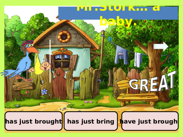 Mr.Stork… a baby. have just brought has just brought has just bring  