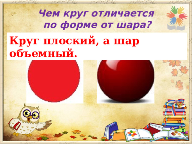 Чем круг отличается  по форме от шара?   Круг плоский, а шар объемный. 