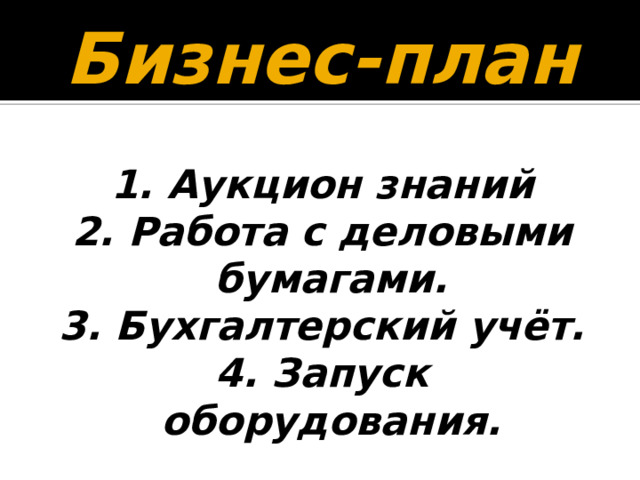 Бизнес-план 1. Аукцион знаний 2. Работа с деловыми бумагами. 3. Бухгалтерский учёт. 4. Запуск оборудования. 