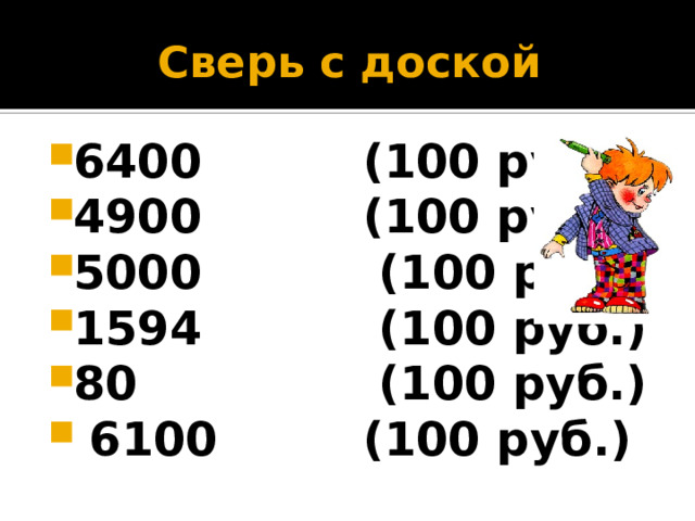 Сверь с доской 6400 (100 руб.) 4900 (100 руб.) 5000 (100 руб.) 1594 (100 руб.) 80 (100 руб.)  6100 (100 руб.)  