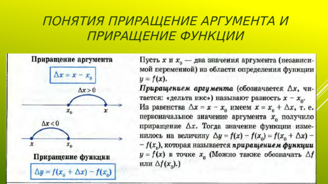 Понятия приращение аргумента и приращение функции 