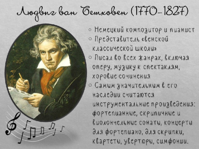 Людвиг ван Бетховен (1770-1827)  Немецкий композитор и пианист  Представитель «венской классической школы»  Писал во всех жанрах, включая оперу, музыку к спектаклям, хоровые сочинения  Самым значительным в его наследии считаются инструментальные произведения: фортепианные, скрипичные и виолончельные сонаты, концерты для фортепиано, для скрипки, квартеты, увертюры, симфонии. 