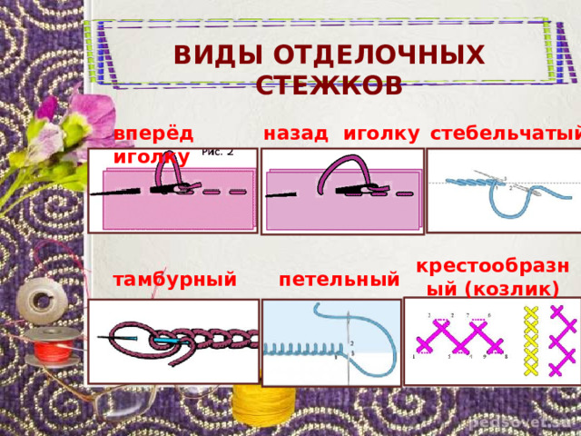 ВИДЫ ОТДЕЛОЧНЫХ СТЕЖКОВ вперёд иголку назад иголку стебельчатый крестообразный (козлик) тамбурный петельный 