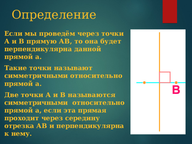 Определение Если мы проведём через точки А и В прямую АВ, то она будет перпендикулярна данной прямой а. Такие точки называют симметричными относительно прямой а. Две точки А и В называются симметричными относительно прямой а, если эта прямая проходит через середину отрезка АВ и перпендикулярна к нему. а 
