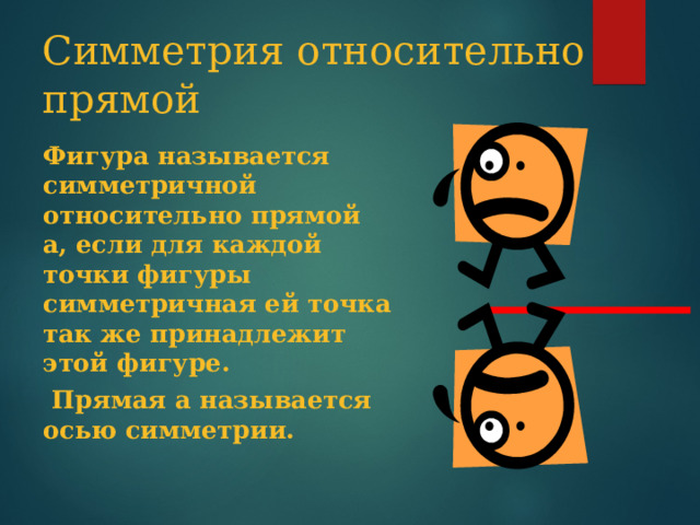 Симметрия относительно прямой Фигура называется симметричной относительно прямой а, если для каждой точки фигуры симметричная ей точка так же принадлежит этой фигуре.  Прямая а называется осью симметрии. 