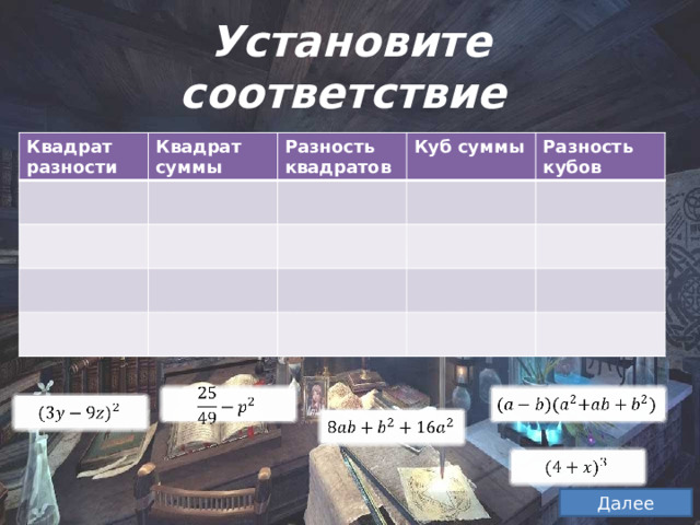 Установите соответствие Квадрат разности Квадрат суммы Разность квадратов Куб суммы Разность кубов           Далее 