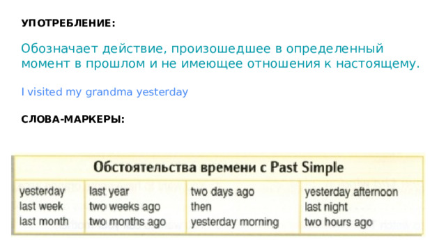 УПОТРЕБЛЕНИЕ: Обозначает действие, произошедшее в определенный момент в прошлом и не имеющее отношения к настоящему. I visited my grandma yesterday СЛОВА-МАРКЕРЫ: 