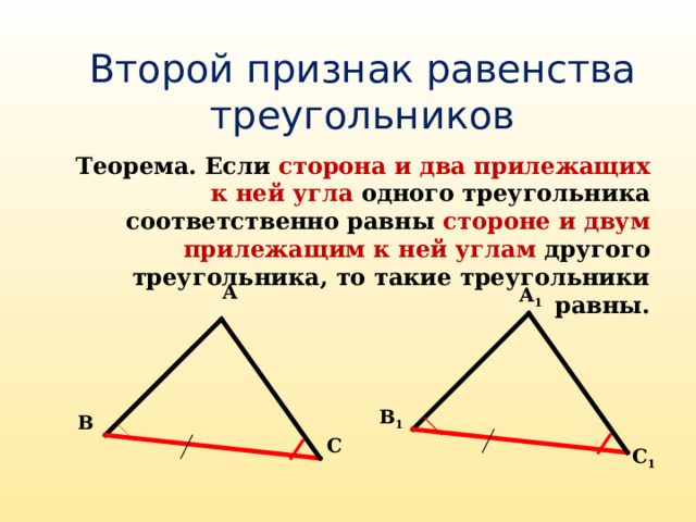 Второй признак равенства треугольников Теорема. Если сторона и два прилежащих к ней угла одного треугольника соответственно равны стороне и двум прилежащим к ней углам другого треугольника, то такие треугольники равны. А А 1 В 1 В С С 1 