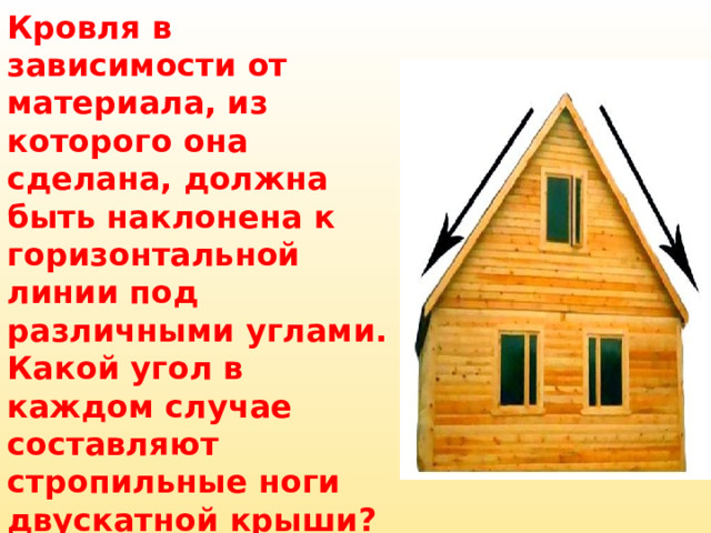 Кровля в зависимости от материала, из которого она сделана, должна быть наклонена к горизонтальной линии под различными углами. Какой угол в каждом случае составляют стропильные ноги двускатной крыши? 