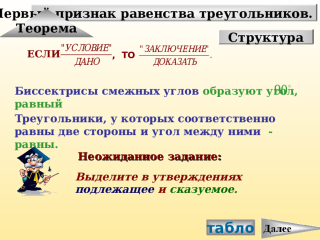 Первый признак равенства треугольников. Теорема Структура ЕСЛИ  , ТО  Биссектрисы смежных углов  образуют угол, равный Треугольники, у которых соответственно равны две стороны и угол между ними  - равны. Неожиданное задание: Выделите в утверждениях подлежащее и сказуемое. табло 