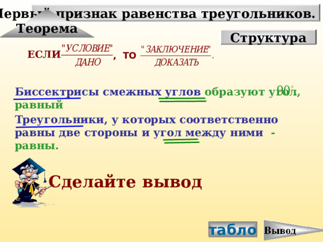 Первый признак равенства треугольников. Теорема Структура ЕСЛИ  , ТО  Биссектрисы смежных углов  образуют угол, равный Треугольники, у которых соответственно равны две стороны и угол между ними  - равны. Сделайте вывод табло 33 