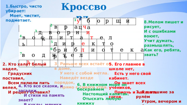 Кроссворд. 1.Быстро, чисто убирает:  Моет, чистит, подметает. 8 у б о р щ и ц а 1 8.Мелом пишет и рисует, И с ошибками воюет, Учит думать, размышлять, Как его, ребята, звать? 2  в р а ч д в о р н и к 3 в о с п и т а т е л ь 4 5 д и р е к т о р б и б л и о т е к а р ь 6 в о д и т е л ь 7 3. Раньше всех встаёт он в доме,  У него с собой метла.  Наведёт везде порядок,  Прямо с самого утра. 2. Кто халат белый надел,  Градусник поставил,  Всем пилюли пить велел,  И рецепт оставил? 5. Его главнее в школе нет,  Есть у него свой кабинет.  Он знает всех учеников,  Помочь и наказать готов. 6. В книжном море он бескрайнем  Настоящий капитан.  Отыскать любую книжку  Помогает быстро нам! 4. Кто все сказки, и загадки,  И стихи на память знает?  В куклы, мячики, лошадки  Кто до старости играет? 7. Я в машине за рулём  Утром, вечером и днём. 