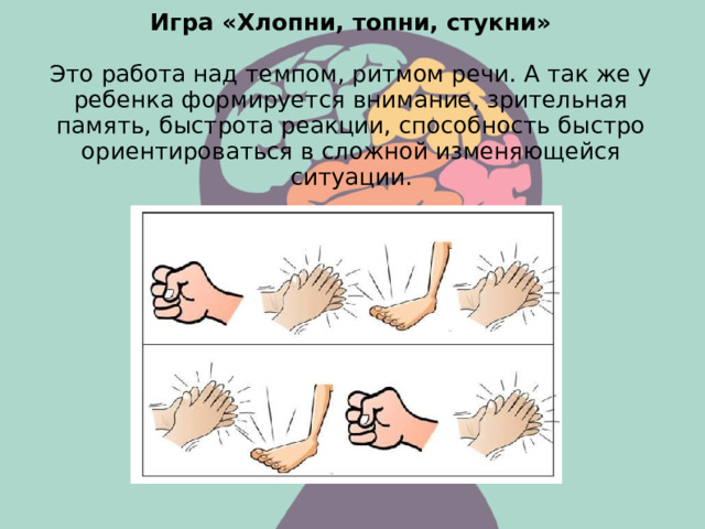 Игра «Хлопни, топни, стукни»   Это работа над темпом, ритмом речи. А так же у ребенка формируется внимание, зрительная память, быстрота реакции, способность быстро ориентироваться в сложной изменяющейся ситуации.  