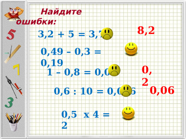  Найдите ошибки:     8,2  3,2 + 5 = 3,7 0,49 – 0,3 = 0,19 0,2 1 – 0,8 = 0,02 0,06 0,6 : 10 = 0,006 0,5 х 4 = 2 