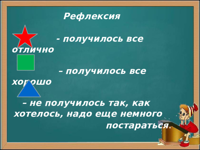 Рефлексия  - получилось все отлично  – получилось все хорошо  – не получилось так, как хотелось, надо еще немного постараться .             