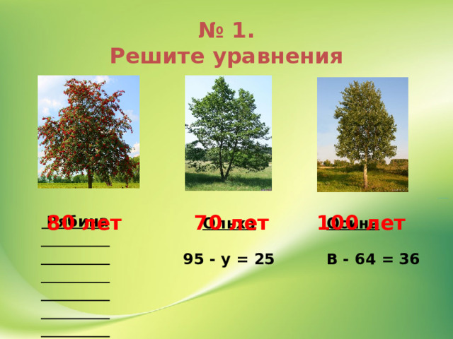 № 1.  Решите уравнения   Рябина  Х + 12 = 92  70 лет 80 лет 100 лет Ольха Осина   В - 64 = 36 95 - у = 25  
