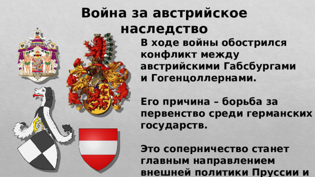 Война за австрийское наследство В ходе войны обострился конфликт между австрийскими Габсбургами и Гогенцоллернами.  Его причина – борьба за первенство среди германских государств.  Это соперничество станет главным направлением внешней политики Пруссии и Австрии. 